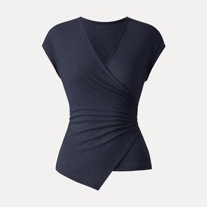 OGL Navy Lyocell Wool Surplice Cap Sleeve Asymmetrical Top Size Medium